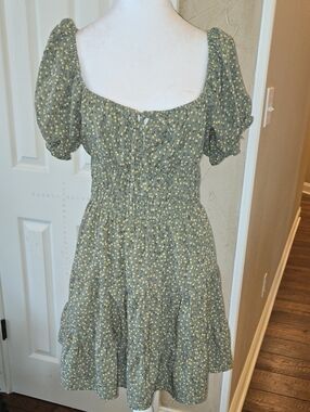 Liberty Love Olive Green Mini Dress with Yellow Floral Print